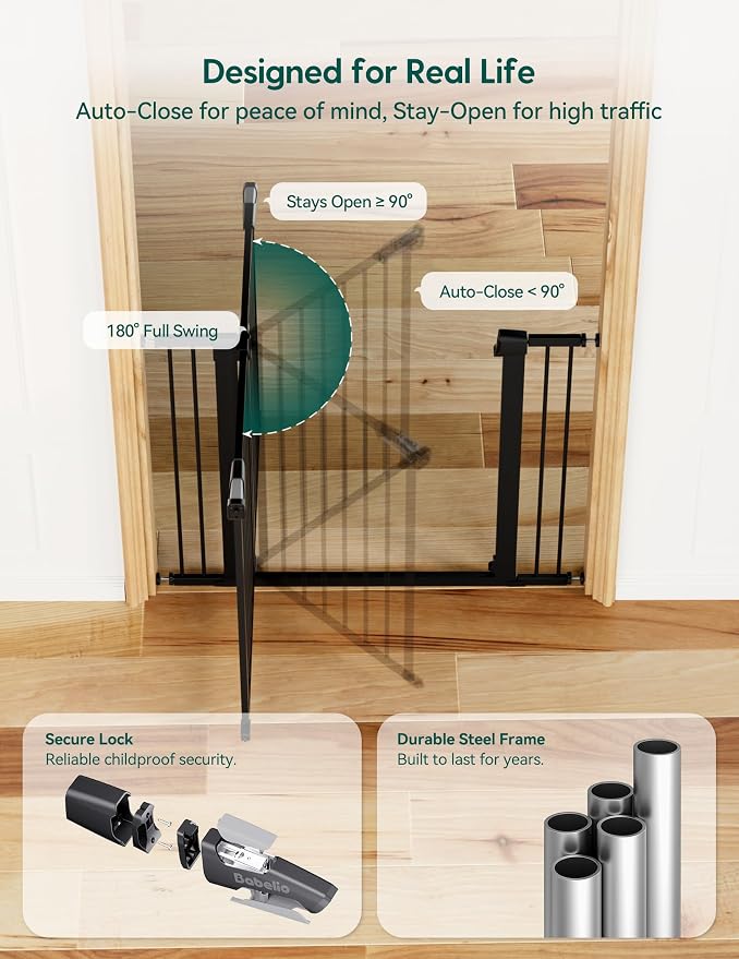 Babelio Pressure Mounted Baby Gate for Stairs, 29-48" Wide Dog Gate,2 Pack | Triple-lock System; Pressure/Wall Mount; Auto-close; 200N Impact Tested; Easy Install for Doorways, Kitchen, Hallway, Black