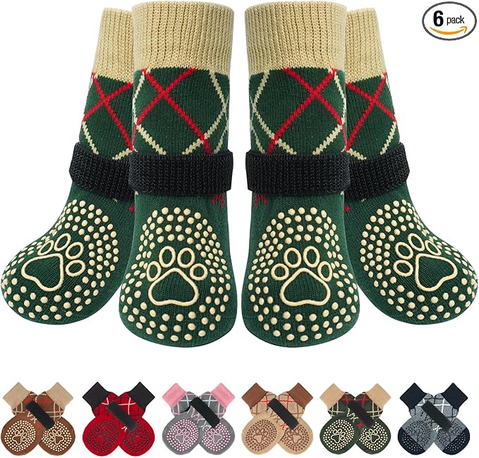 BEAUTYZOO 6PCS Dog Socks to Prevent Licking Paws, Anti Slip Dog Shoes for Hot Pavement Hardwood Floors, Traction Control Toe Grips Boots & Paw Protectors for Small Medium Large Senior Dogs, Green L