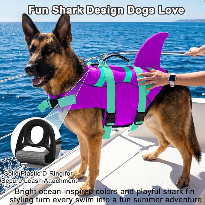 Fragralley Shark Dog Life Jacket, Easy to Put on Dog Life Vest for Swimming and Boating, Vibrant & Adjustable Dog Life Preservers for Small Medium Large Dogs, Suit to Swim, Fish, Beach, Surfing
