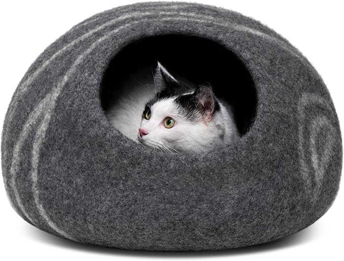 MEOWFIA Cat Cave – Premium Felt Cat Bed Enclosure for Indoor Cats, Handmade Merino Wool (Dark Grey, Large)