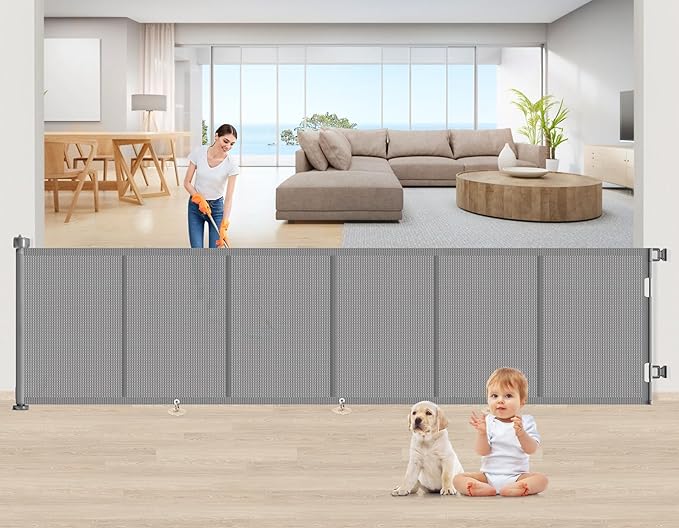 EZIGO 150 Inch Retractable Baby Gates Extra Wide Reinforced Baby Dog Gate | 34 Inch Tall Retractable Dog Gate with Reinforced Strip Mesh Safety Pet Gate for Stairs Hallway Doorway Indoor Outdoor, Gray