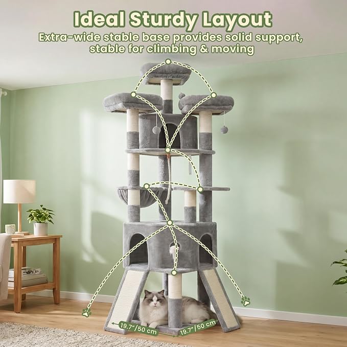 Cat Tree, 81.1" Tall Heavy Duty Cat Tower for Large Cats VCT032W | Cat Furniture with 3 Wide Platforms, Diamond-Shaped Condo 2 Sisal Scratchers, Hammock & Stable Base, Light Gray