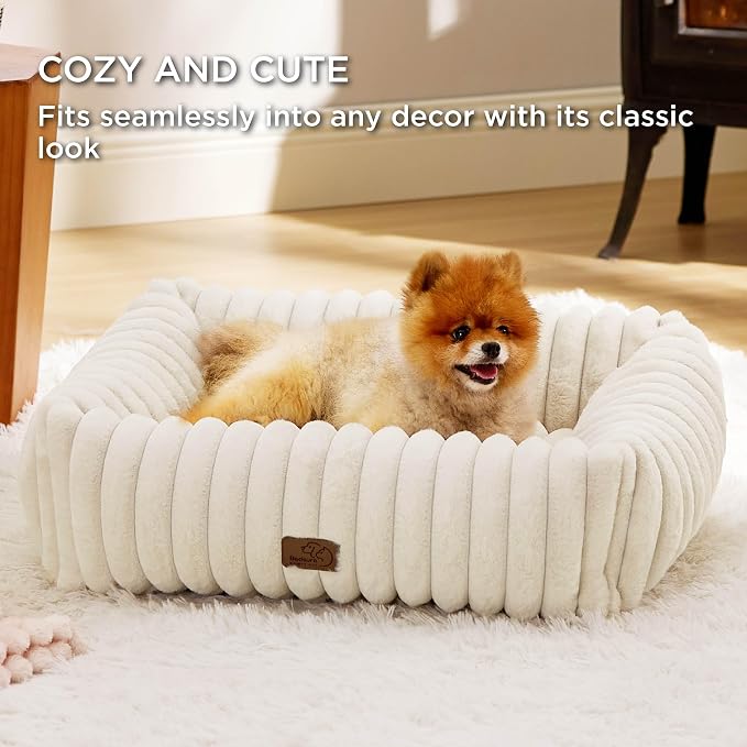 Bedsure ComfyFleece™ Cute Dog Bed Medium Large Size Dog Washable，33in Cream | Furry Big Pet Beds,Square Rectangle Orthopedic Corduroy Aesthetic,Removable Zipper Cover,Non-Slip Bottom,Up To 50 Lbs