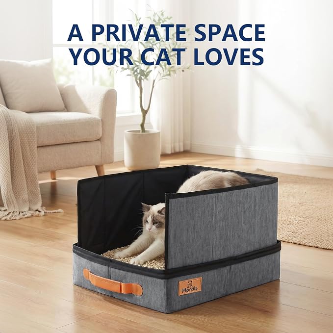 MORAIS Portable Travel Litter Box for Cats, 17.7"×13.5"×11" Collapsible Cat Litter Box with Lid, Leak-Proof Cat Litter Pan for Car Hotel Airplane, Waterproof & Easy to Carry- Gray