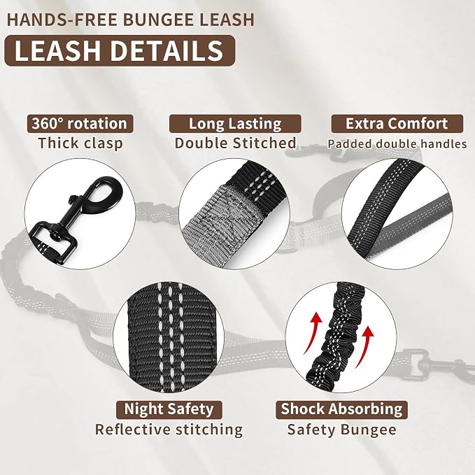 Hands Free Dog Leash for One Dog Up to 125 lb, Waist Pouch, Lumbar Support | Reflective bungee leash with adjustable 25-55 in belt. Walk, run, hike, or train one dog up to 125lbs. Gray.