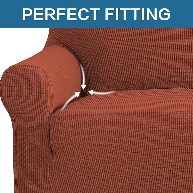 H.VERSAILTEX Stretch Sofa Covers for 3 Cushion Couch Covers Sofa Slipcovers for Living Room Feature Thick Checked Jacquard Fabric with Elastic Bottom, Sofa Large - Rust