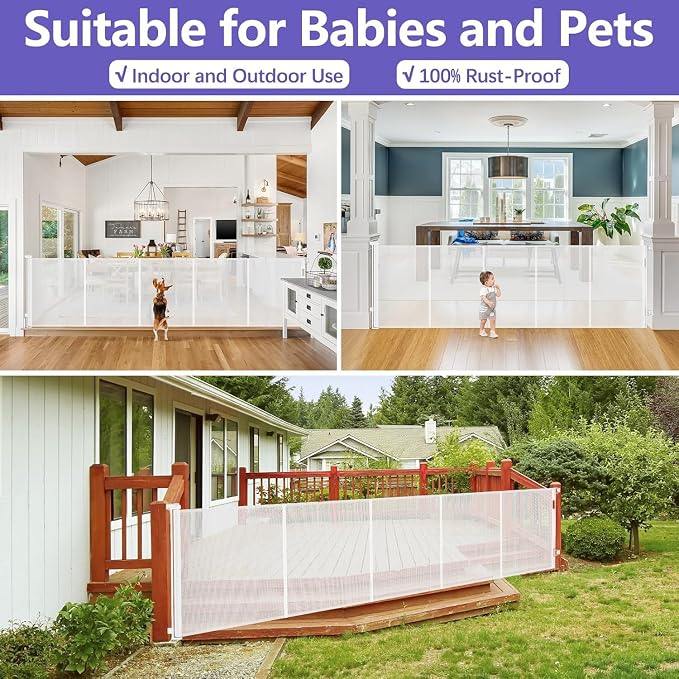 Reinforced 42" Tall Baby Gate 96" Wide Retractable Dog Gate Indoor/Outdoor | Tall Retractable Gate Prevent Crawling Under, Easy One-Hand Operation Safety Lock, Scratch-Resistant Mesh, Easy Install/White