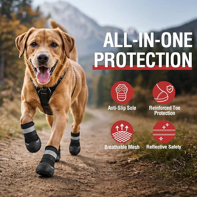 Dog Shoes for Hot Pavement, Breathable Mesh Dog Boots 4 Pack for Medium Large Dogs, Anti-Slip Paw Protectors with Reflective Straps, Easy-On Dog Booties for Summer Walking Hiking (Black, Size 8)
