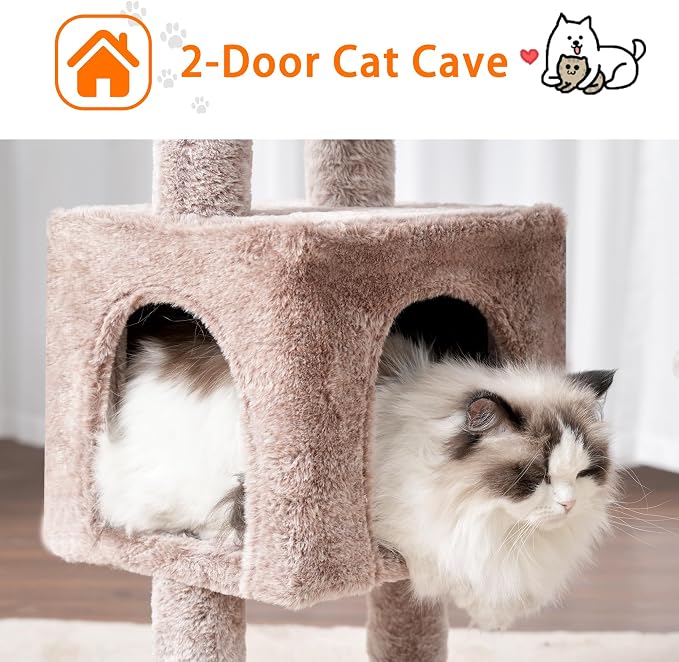 Heybly Cat Tree, 40" Tower with All-Sisal Wrapped Scratching Post HCT006SMU | Cat Tower for Indoor Cats, Cat Condo with Soft Platform, 2 Baskets and Dangling Toy, Rosy Brown
