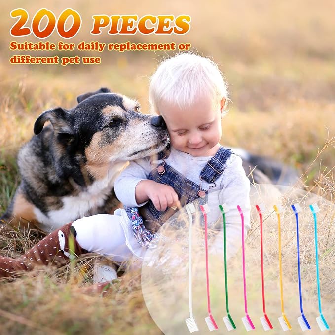 Nuogo 200 Pcs Dog Toothbrush,Dual Headed Long Handle, 8 Colors, Cats Dogs | Bulk 200 Pack, fits large and small breeds, dual brush heads, long handle reach, 8 colors for multi-pet households