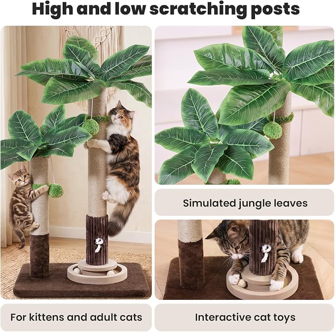 Woochpet Palm Tree Cat Scratching Post Dual Height Brown | Natural Sisal Wrapped Poles, Hanging Plush Balls, Bottom Roller Ball Track, Hidden Peek Hole