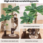 Woochpet Palm Tree Cat Scratching Post Dual Height Brown | Natural Sisal Wrapped Poles, Hanging Plush Balls, Bottom Roller Ball Track, Hidden Peek Hole