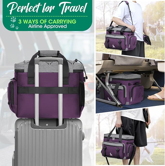 IGOLUMON Dog Travel Bag Large Pet Travel Bags Set for Supplies Weekend Travel Kit Tote Organizer Multi-Pockets Dog Food Travel Bag with 2 Large Food Containers, 2 Dog Bowls, 1 Feeding Mat, Purple