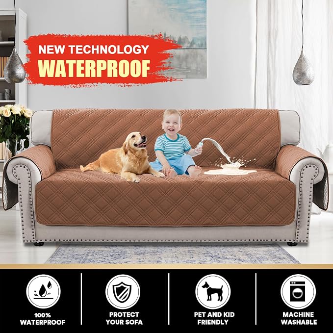 100% Waterproof Couch Cover for 3 Cushion Couch Sofa Pet Friendly Non-Slip Couch Cover for Dogs Washable Water Resistant Furniture Protector with Elastic Straps(XL Sofa 78", Terracotta)