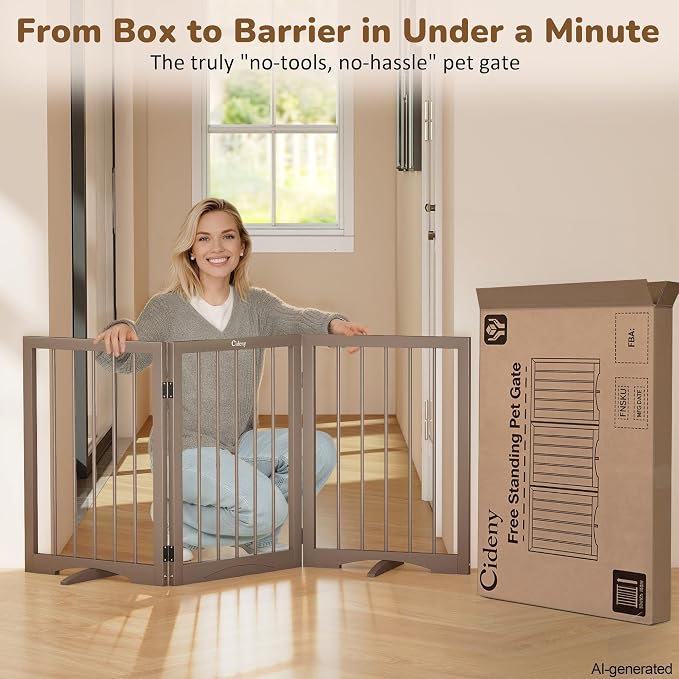 Free Standing Dog Gate Indoor, Foldable Dog Gate for Doorways Stairs | 3-Panel Freestanding Pet Gate with Support Feet for Stability, Folding Puppy Gate Easy to Move, Doggy Gate 54"x24", Brown