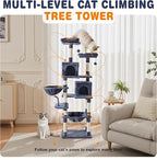 Sweetcrispy 71 inch Cat Tree Tower for Indoor Cats, Dark Blue | Large Multi Level Cat Climbing Tower with Condo, Natural Sisal Scratching Posts, Platform, Hammock, Basket