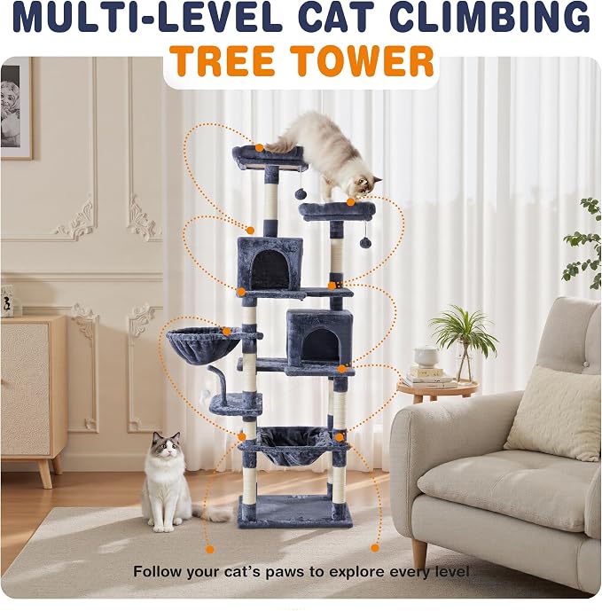 Sweetcrispy 71 inch Cat Tree Tower for Indoor Cats, Dark Blue | Large Multi Level Cat Climbing Tower with Condo, Natural Sisal Scratching Posts, Platform, Hammock, Basket