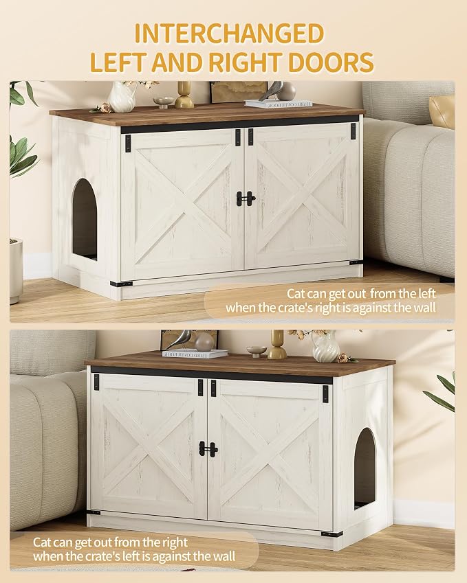 Hzuaneri Cat Litter Box Enclosure, Hidden Litter Box Furniture with Divider | Wooden Cat Cabinet with Removable Dividers, Reversible Entrance Left or Right Side, Cat Washroom, Rustic White Brown CB84714X