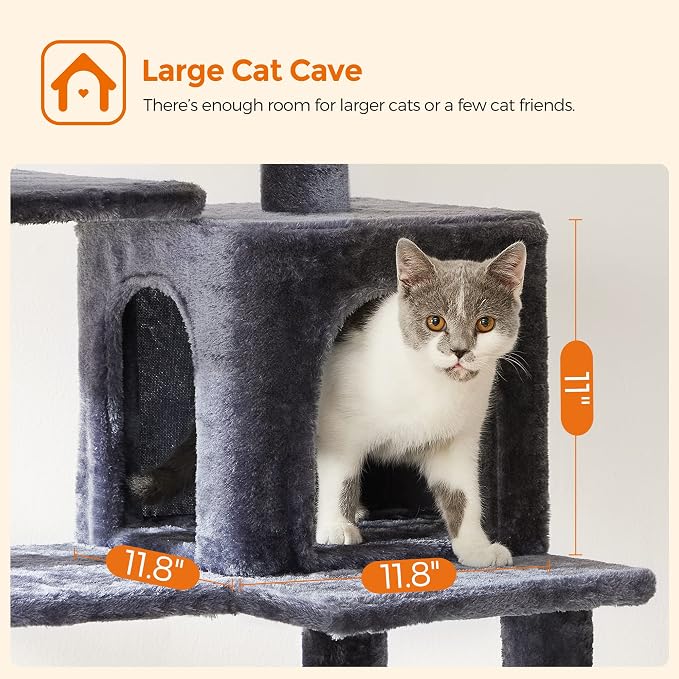 Feandrea Cat Tree, 54.2-Inch Cat Tower, Plush Multi-Level Condo with 4 Scratching Posts, 2 Perches, Hammock, Cave, Smoky Gray UPCT161G01