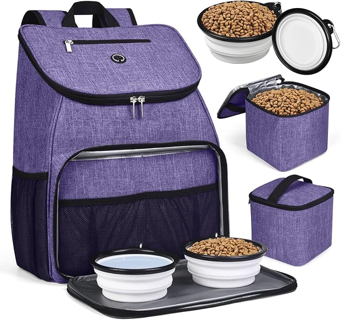 BAGLHER丨Dog Travel Bag, Airline Approved Pet Supplies Backpack, Dog Travel Backpack Accessories Set with 2 Silicone Collapsible Bowls and 2 Food Baskets. Purple