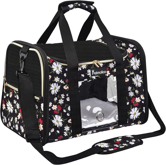 Petmolico Cat Carrier Dog Carrier, Airline Approved Soft Pet Travel Carrier with 3 Open Doors Mesh Windows for Cats Puppy 16 lbs, White Daisy