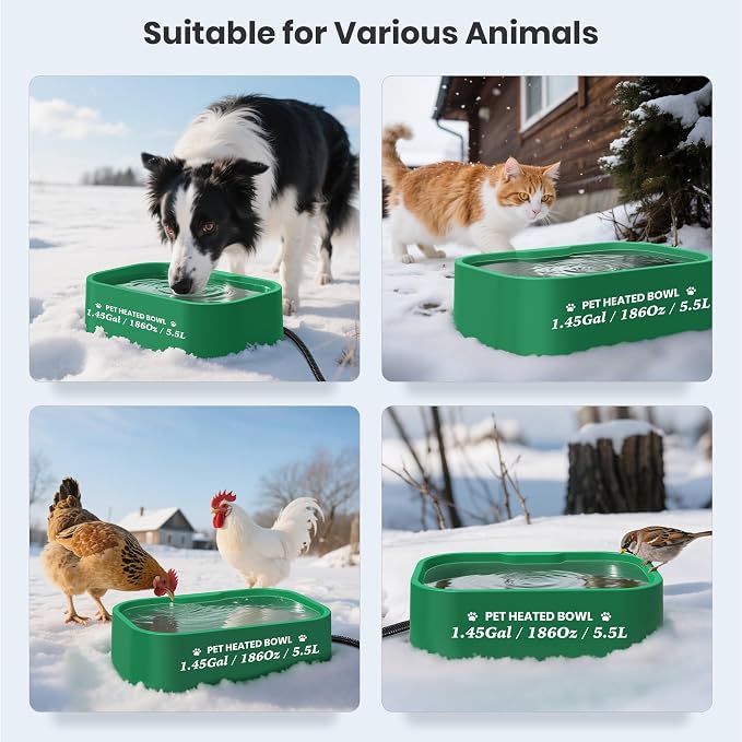 1.45 Gal/5.5L Heated Water Bowl, Extra Large Heated Dog Bowls for Outside, Safety Listed Heated Pet Bowl with Anti-Chew Cord for Dog & Cat Drinking Water in Winter, BPA-Free, Anti-Slip Base(Green)
