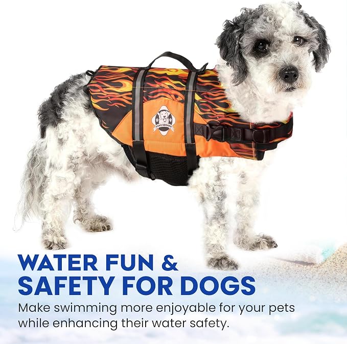 Dog Life Jacket — Premium Swim Vest with SafeChin Anti-Choke Collar | PAWS Aboard Racing Flames | RapidLift Rescue Handle, D-Ring, Reflective Trim | Boating, Kayaking, Pool | Small (15–25 lbs)