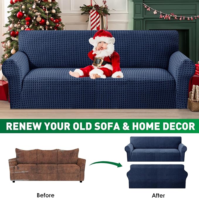 MAXIJIN Stretch Loveseat Couch Cover for 2 Cushion Couch (55"-69" Washable Sofa Slipcovers with Non-Slip Foam & Elastic Strap, Dog Cat Pet Friendly Furniture Protector (Medium, Navy Blue)