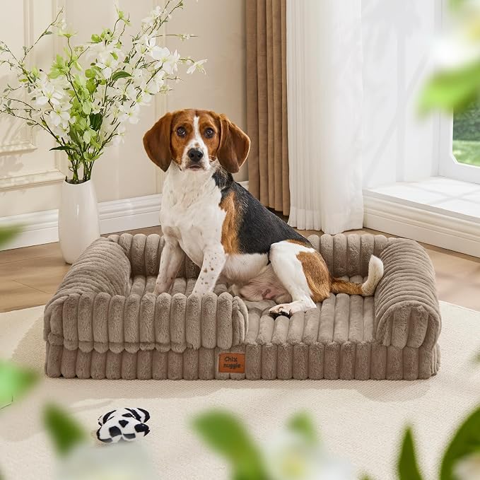 ChiXnuggle Faux Fur Orthopedic Dog Bolster Bed, Waterproof Washable Cover | rectangular dog sofa couch,egg crate foam,non-slip bottom,for large dogs,taupe,35*28*7