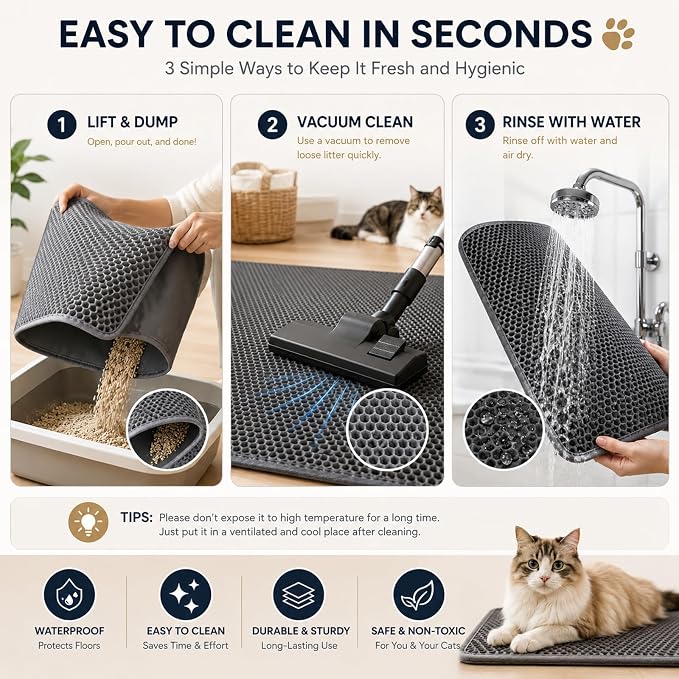 Cat Litter Box Mat Double Layer Trapping Mat Easy-Clean Waterproof Urine Proof(Gray 30x22in)