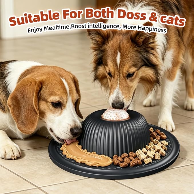 2-in-1 Dog Slow Feeder Bowl & Lick Mat with 2 Rotatable Balls, No-Slip Silicone Anxiety Relief Treat Mat for Dogs & Cats, Dishwasher Safe (Black)