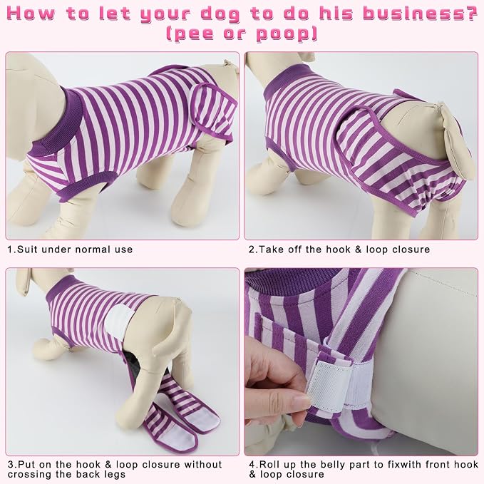 2 Packs Breathable Cotton Dog Recovery Suit for After Neuter Spay Abdominal Wounds Protector, Professional Anti-Licking Onesies for Male Female Pets Surgery Bandages, L Purple & Pink Stripes
