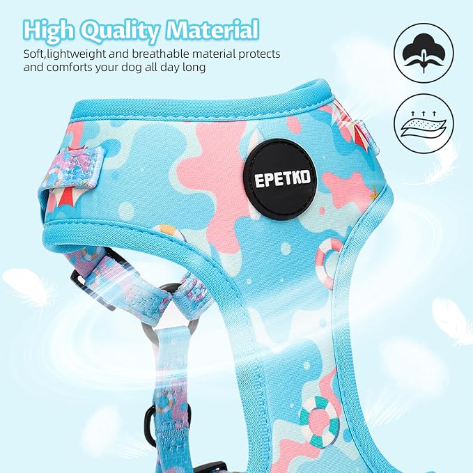 Small Dog Harness and Leash Set of 6, No Pull Soft Lightweight Mesh Puppy Harness， Adjustable Cute Floral Pattern Pet Harness for Small Medium Dogs (Blue Sea, S)