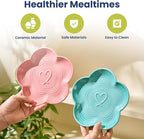 Flower Ceramic Feeding Cat Plate with Raised Bamboo Stand, Pink | Elevated Whisker-Friendly Pet Bowl, Anti-Slip Stable Design, Dishwasher Safe