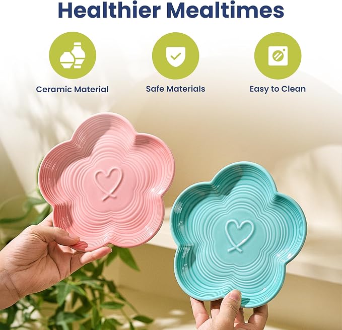 Flower Ceramic Feeding Cat Plate with Raised Bamboo Stand, Pink | Elevated Whisker-Friendly Pet Bowl, Anti-Slip Stable Design, Dishwasher Safe