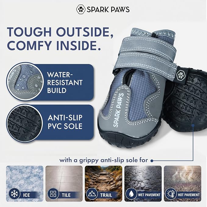Spark Paws 365 Dog Shoes - All-Season Boots for Winter Snow & Hot Pavement | Water-resistant, anti-slip, stay-on straps - rain, ice & summer booties in one. Reflective; small, medium & large dogs