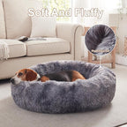33 in Faux Fur Donut Dog Bed for Medium Plus Dogs,Tie-dye Grey | Calming Plush Round Fluffy Pet Bed with Removable & Washable Cover,Fits up to 65 lbs Pets