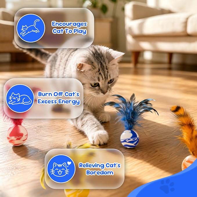 Cat Feather Toys 20 Pack, Cats Bouncy Balls for Indoor Cats | Feather Chase & Fetch Balls, Bouncy Tails Cat Toys with Durable Rubber, Interactive Home Chase Exercise Hunting Play