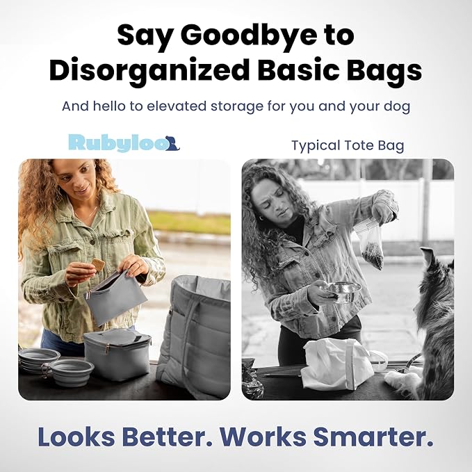 Rubyloo Puffer Dog Travel Bag for Dog Moms, Diaper Bag with Travel Bowls | 2 BPA-Free Collapsible Bowls, 2 Pet Food Containers, 9 Pockets, Everyday Puffer Bag Works With or Without Your Dog, Grey