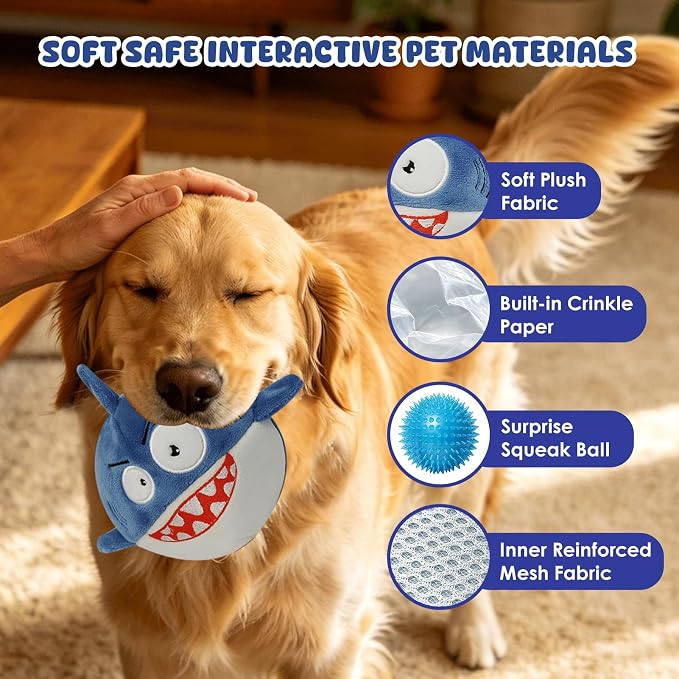 XIAPIA 3-in-1 Plush Shark Squeaky Dog Toys for Aggressive Chewers | No Stuffing Interactive Dog Toys, Hidden Squeaky Ball & Crinkle Paper, Chew Fetch Toy for Small Large Puppy, Birthday Gift