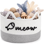 Cat Toy Basket with Cat Ear Handles, 15 x 11 x 9 in Woven Cats Toy Bin, Large Two-tone Cotton Rope Storage Box, Meow Words Organizer for Toys, Blankets, Home Decor (White, Gray)