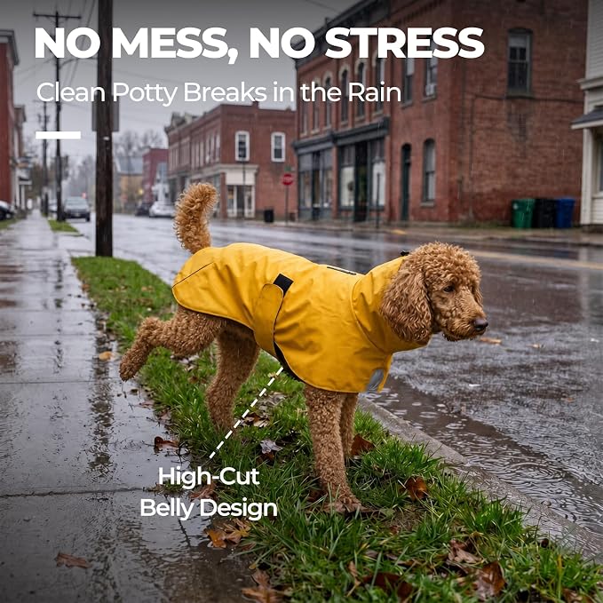PU Dog Raincoat, Non-Toxic & Odorless Waterproof Vest, Adjustable High Neck and Hook & Loop Belly Closure for Rainy Potty Breaks & Wet Weather Outdoor Walks (Yellow, X-Large)