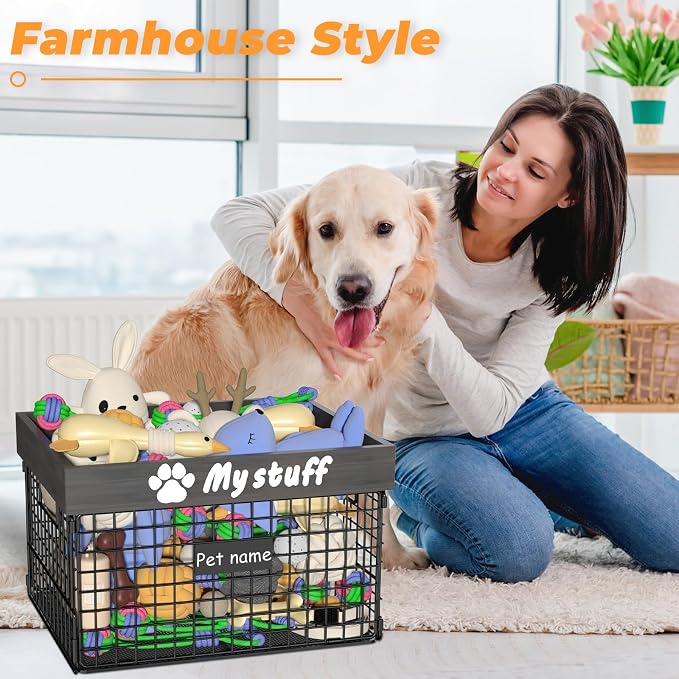 Dog Toy Bin Toy Basket Metal Storage Box with Handles Dog Organizer Chew-Proof Dog Toy Box Blankets Leashes Chest Puppy Dog Toy Storage Wood Metal Container Home Decor Pet Toys Dog Cat