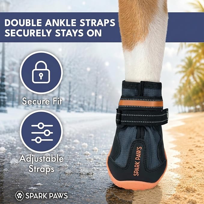 Spark Paws 365 Dog Shoes - All-Season Boots for Winter Snow & Hot Pavement | Water-resistant, anti-slip, stay-on straps - rain, ice & summer booties in one. Reflective; small, medium & large dogs