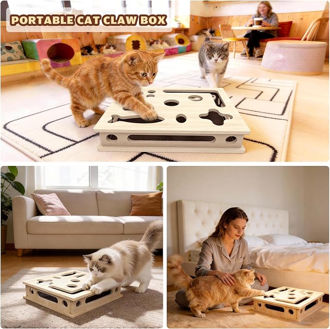 Cat Scratch Puzzle Enrichment Box, Large Solid Wood with Sandpaper Inside | Cat Nail File Enrichment Box with Sandpaper Inside, Cat Nail File Box Stress Free Alternative to Clippers and Grinders
