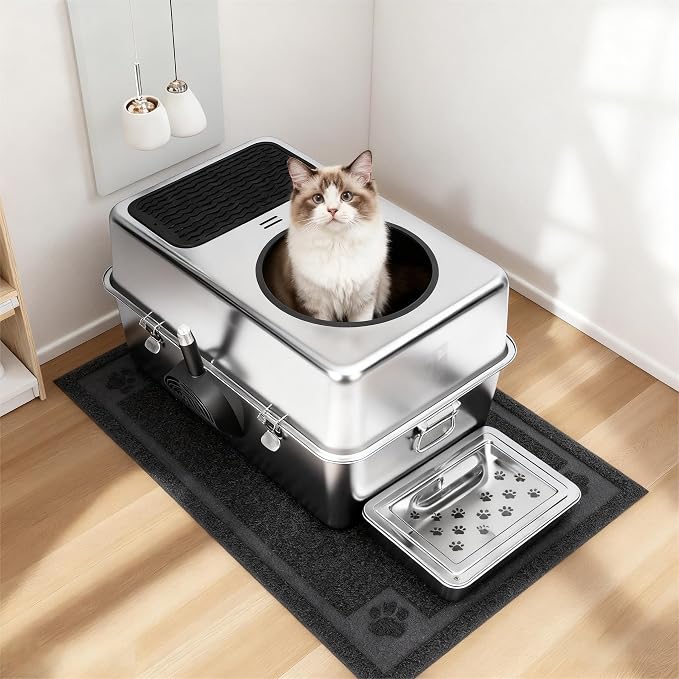 304 Stainless Steel Cat Litter Box, Fully Enclosed Leak-Proof & Rust-Proof Top-Entry XL Litter Box with Metal Scoop, Litter Mat, Side Clamps & Handles for Large Cats (Pure, X-Large)