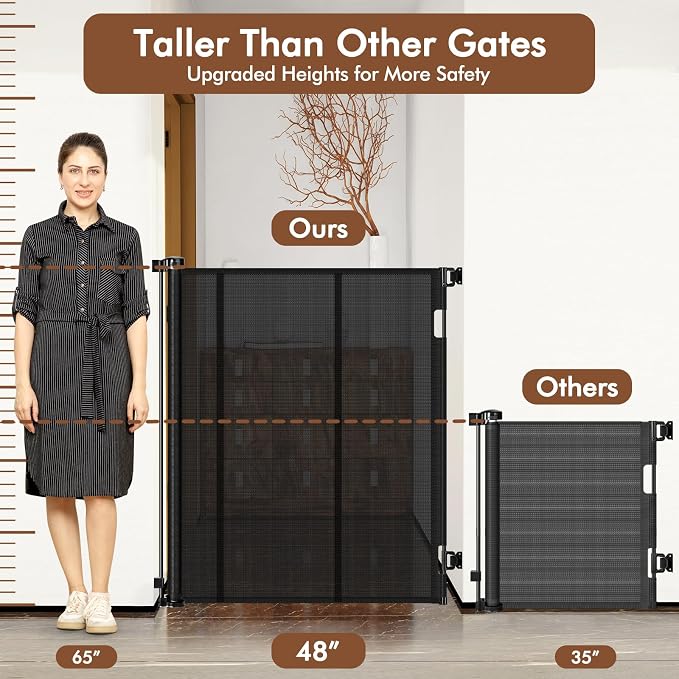 Reinforced 48" Extra Tall X 100" Extra Wide Retractable Baby Gate for Large Openings Extra Tall Dog Gates for Doorways Extra Long Baby Gate Mesh Large Dog Gate Indoor Pet Gate for Cats, Black