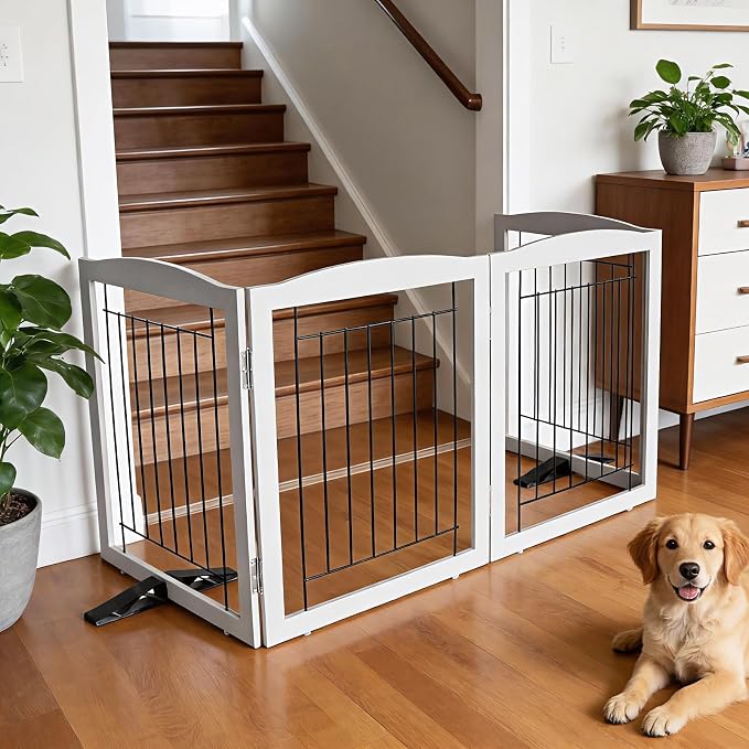 Dog Fence Indoor,Dog Gate Indoor for Doorway pet gate -4-Panel Freestanding, Hallways, House or Stairs -80x32-Inch Retractable Foldable Expandable Wood Pet by SFJC (Grey) ﻿