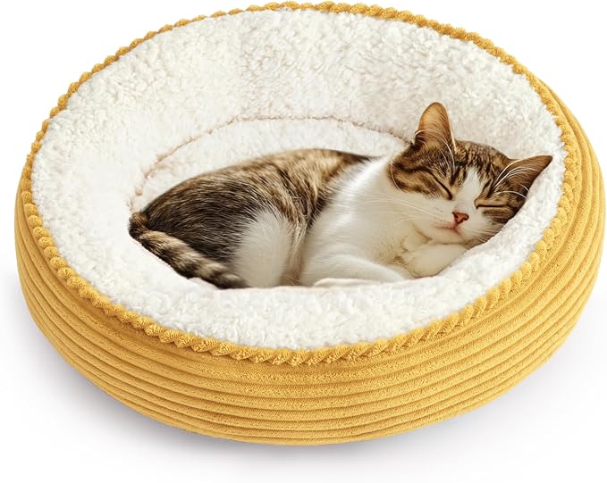 Love's cabin Round Donut Cat and Dog Cushion Bed, 20in Pet Bed for Cats or Small Dogs, Anti-Slip & Water-Resistant Bottom, Super Soft Durable Fabric Pet beds, Washable Luxury Bed Yellow Stripe