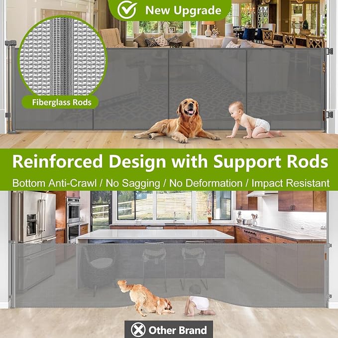 Reinforced 42" Extra Tall Pet Gate 155" Extra Wide Retractable Baby Gate with Support Rods - Prevent Crawling Under, Indoor/Outdoor Mesh Safety Gate Extra Wide Dog Gate Tall Baby Gates for Dogs, Gray